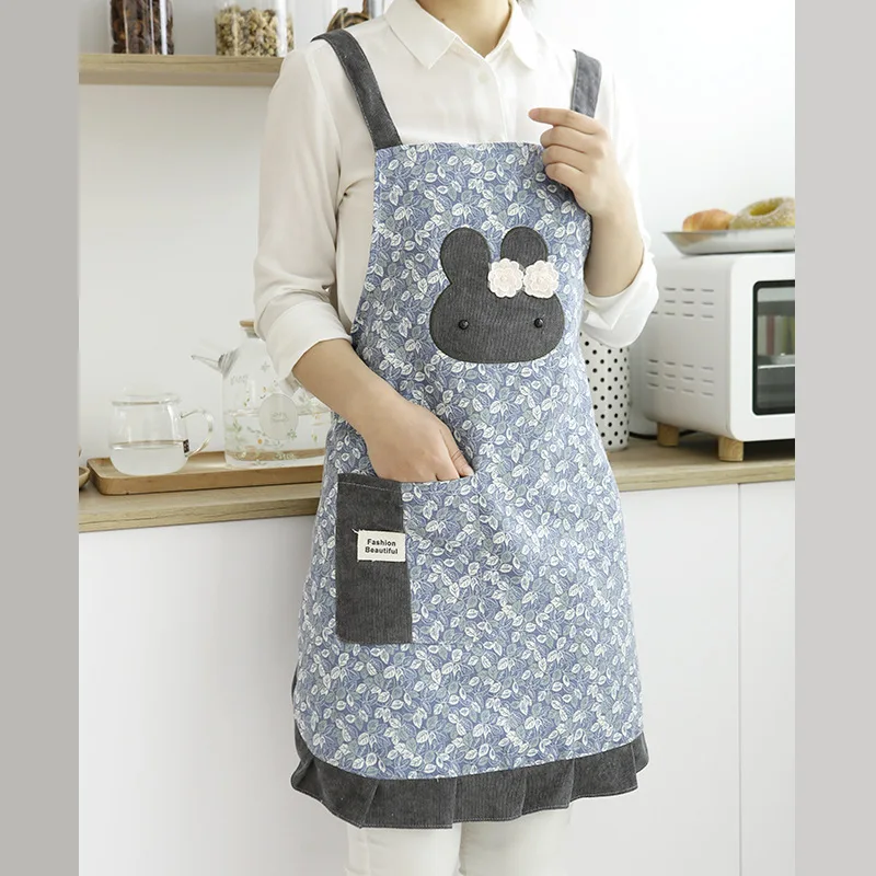 New cartoon rabbit floral retro Japanese fashion restaurant sleeveless women's studio cotton linen apron