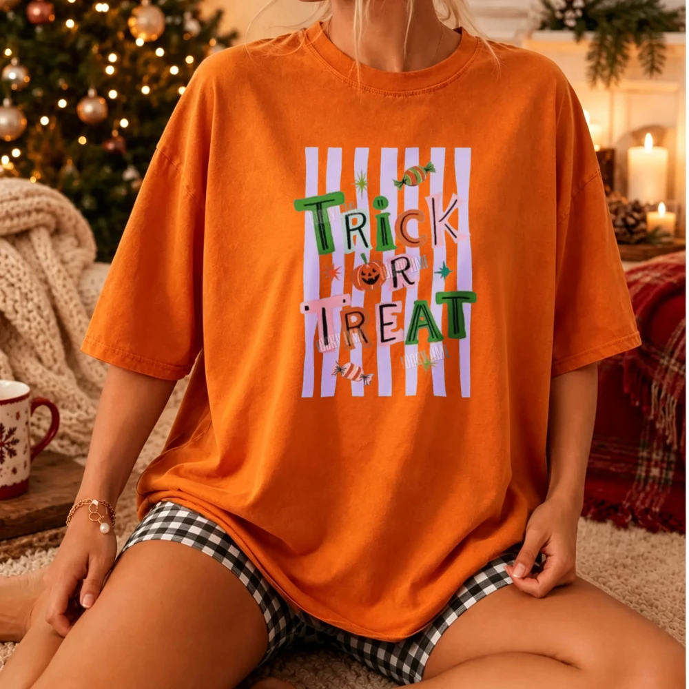 Halloween Trick or Treat Shirt Women Orange Retro Striped Pumpkin Graphic Tee Oversized Loose Fit Short Sleeve Party Costume Top