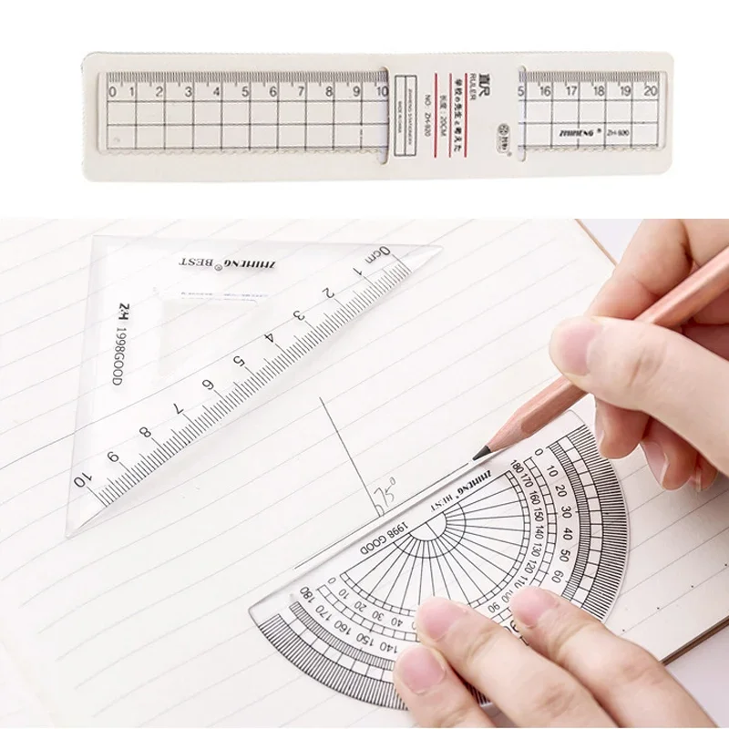 4Pcs/set Plastic Transparent Ruler Protractor Triangle Ruler Measure Draw School Office Supplies Scale Ruler Stationery