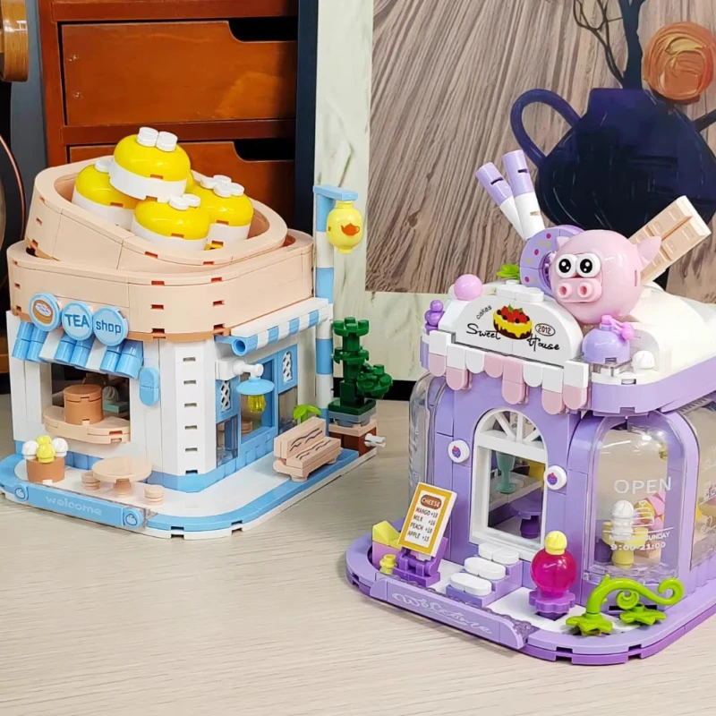 Sweet Shop اللبنات عرض الشارع لغز تجميع الجسيمات الصغيرة نموذج الحلي مجموعة ألعاب الأطفال الهدايا