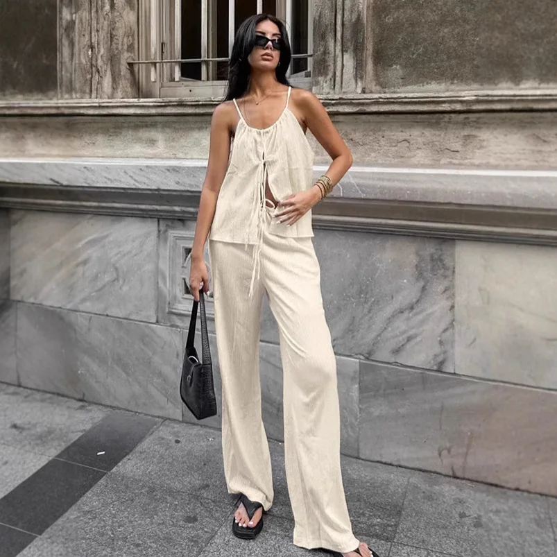 

Casual Loose Women's Fashion Set Summer 2024 Two-Piece Set Neck Hanging Top Long Pants Comfortable Breathable Commute Style