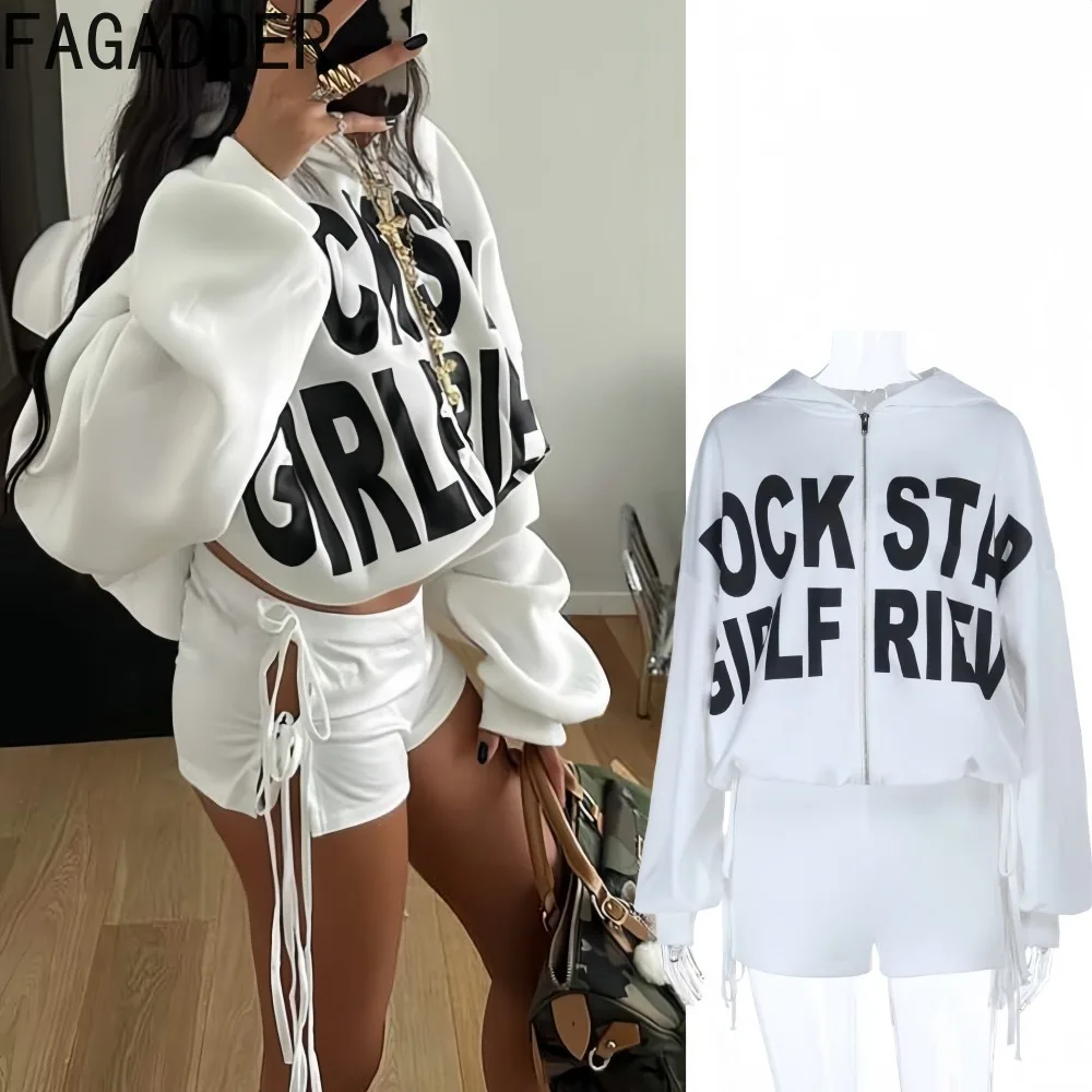 

FAGADOER Fashion Letter Print 2 Pieces Set for Woman Outfits Long Sleeve Zipper Hooded Crop Top and Shorts Female Streetwear