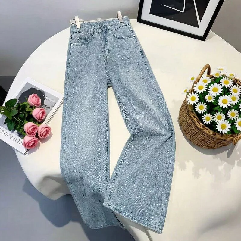 

Women's Sparkling Rhinestone Jeans 2026 Spring New Straight Loose Large Size Wide Leg Pants Light Blue Versatile Long Trousers