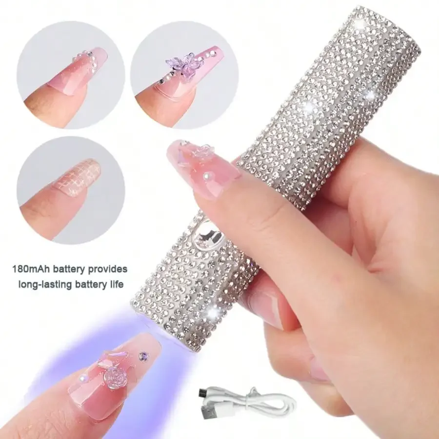 

1pc USB Diamond Inlaid Handheld LED Nail Lamp With LCD Display, Multi-Functional Manicure Light Stand, Portable Mini Nail Dryer,