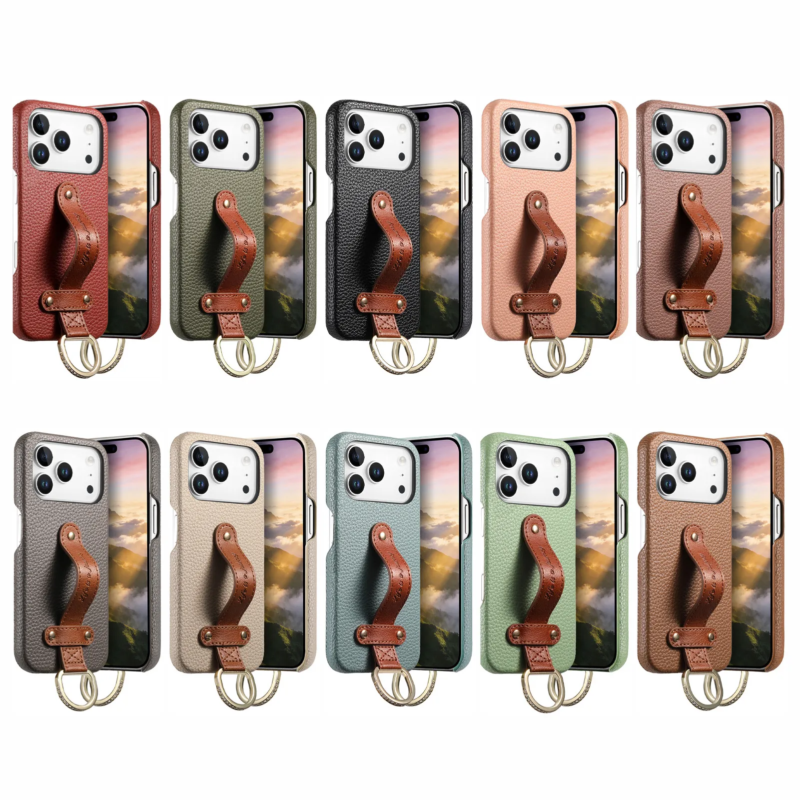 Fashion Lychee Textured Leather Wrist Strap Ring Phone Case For iPhone 17 Pro Max 16 Plus 15 14 13 12 Shockproof Portable cover - view 6