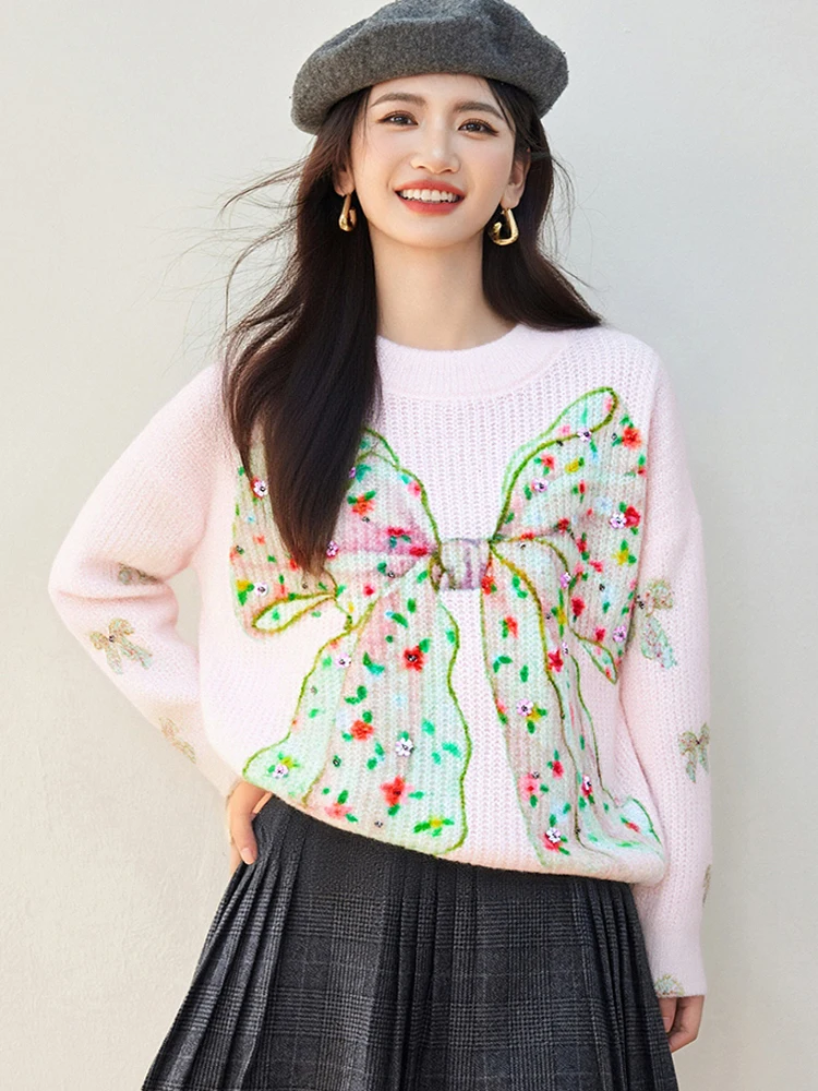 

Женский мягкий вязаный свитер с милым бантом, пуловеры, топы, осень-зима, женская мода, розовый трикотаж с круглым вырезом и длинными рукавами, женский