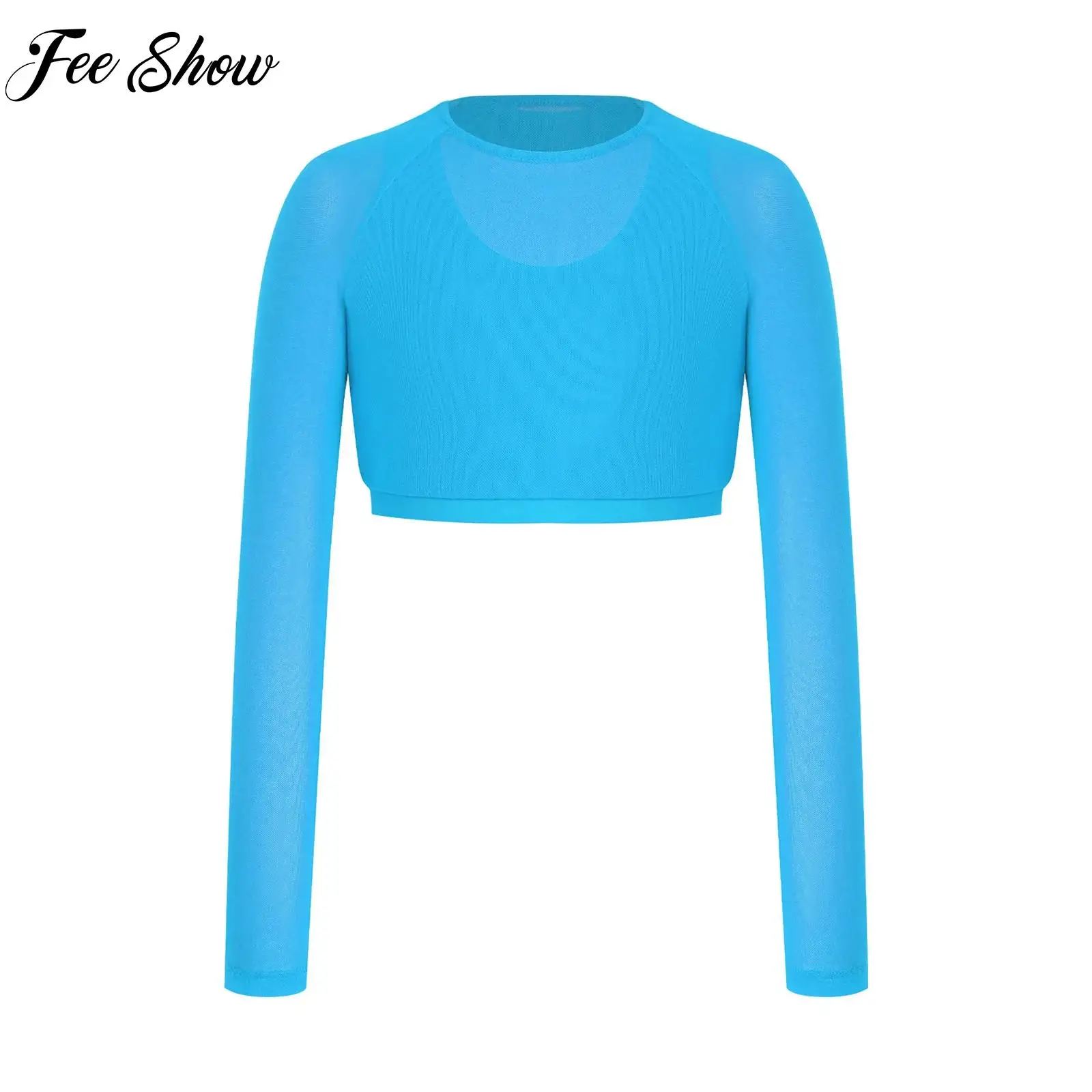

Girls Hip Hop Dance Performance Costume Long Sleeve Mesh Crop Top with Built-in Vest Sports Tops Yoga Workout Running Clothing