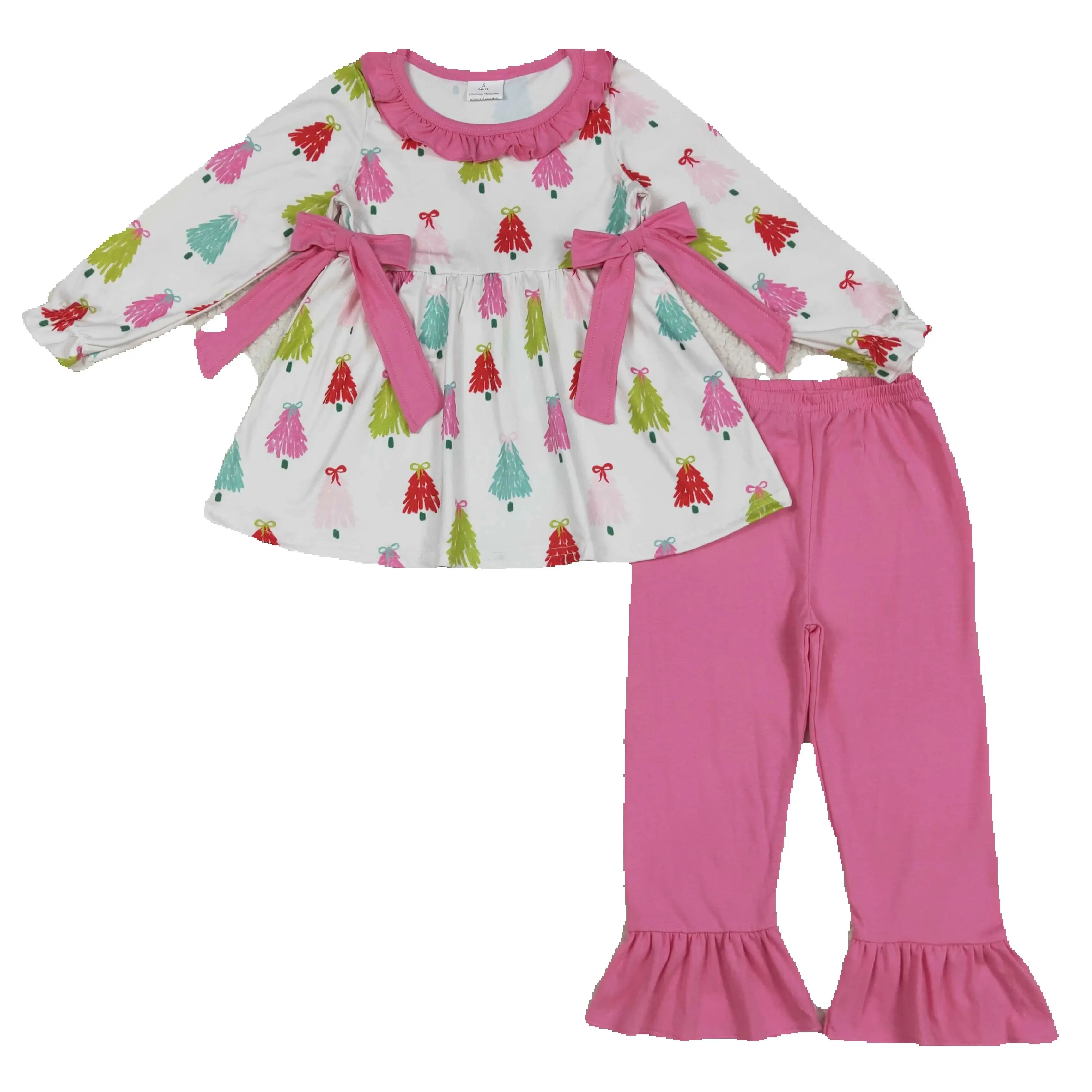 

RTS Baby Girl Christmas Tree Tunic Top Matching Ruffle Pants Outfit Wholesale Children Girls Fall Winter Clothes Kids Outfit
