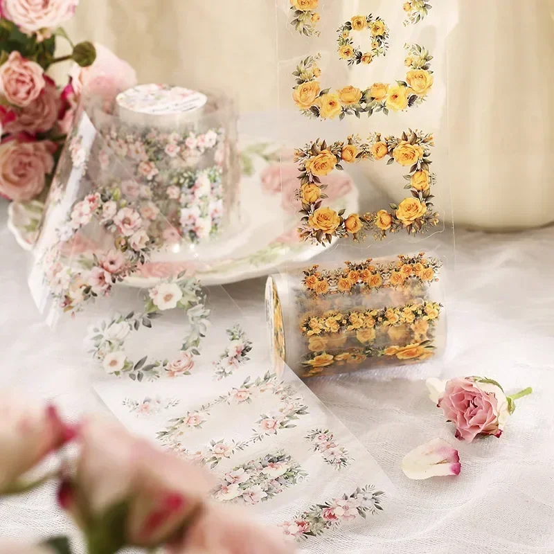 1Roll 2M PET Tape Roll Adhesive Film Flower Painting Romantic Vintage Plant Handbook Collage European Scrapbook 60mm*2m