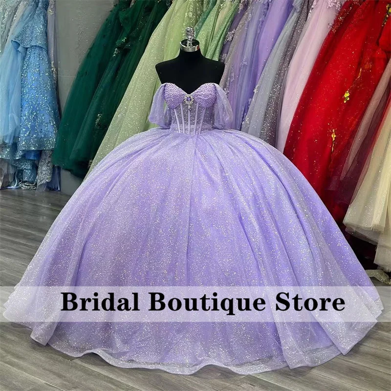 Vestido De quinceañera De princesa púrpura lavanda brillante, cuentas De cristal, diamantes De imitación, Vestido De lujo mexicano dulce 16, 15 Años