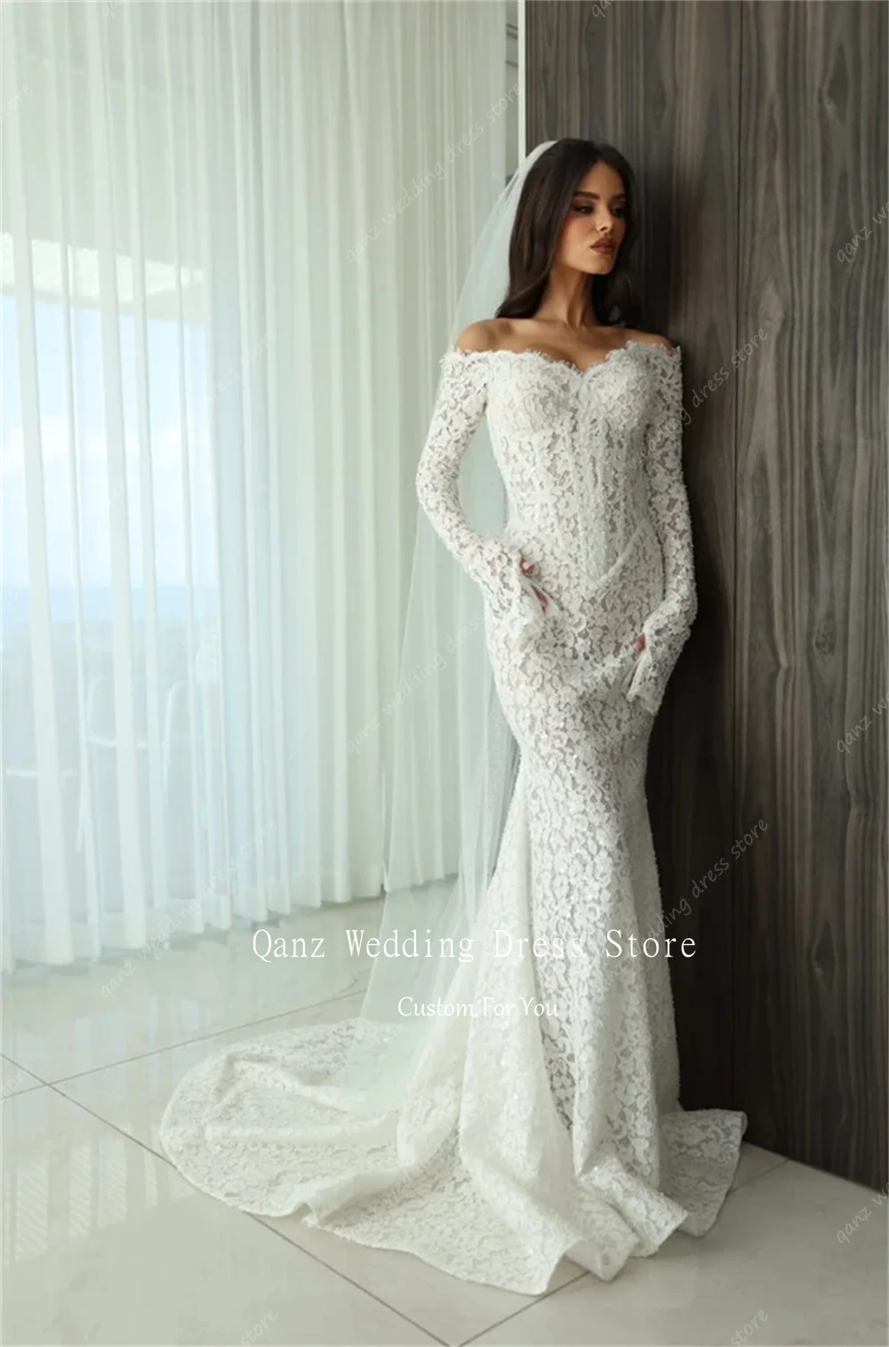 Qanz エレガントなレースのウェディングドレス女性マーメイド恋人ローブデマリエ長袖スパンコール付き Vestidos De Novia カスタマイズ