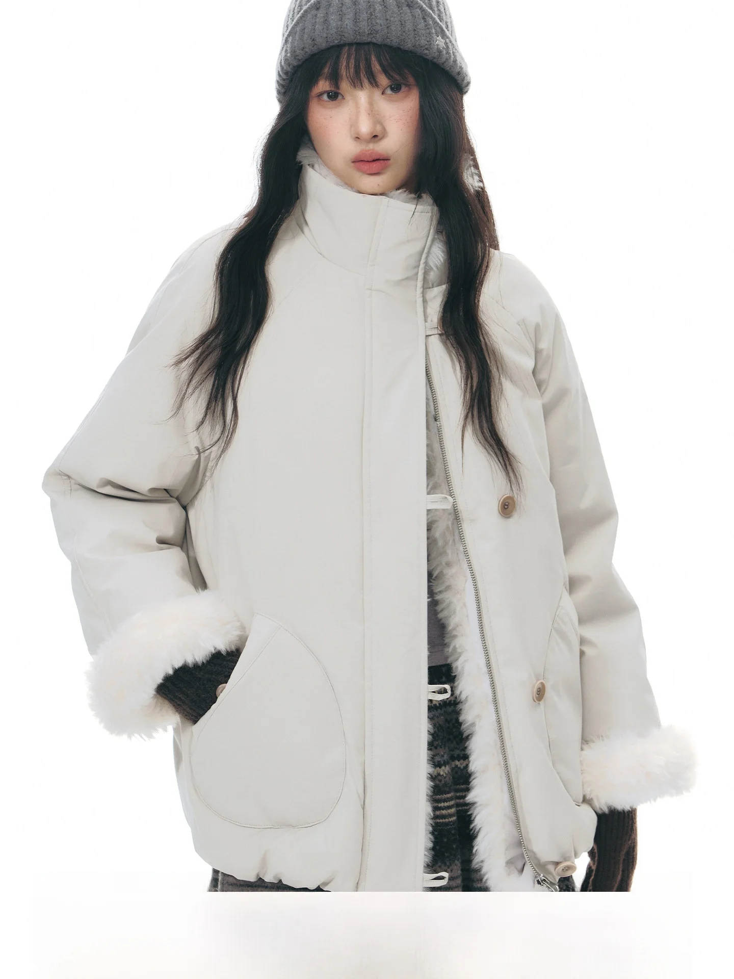 

NAPSNAPS Original Detachable Fur Collar Cotton Jacket Women's Winter Warm Small Size Stand Collar Parka Cotton Top