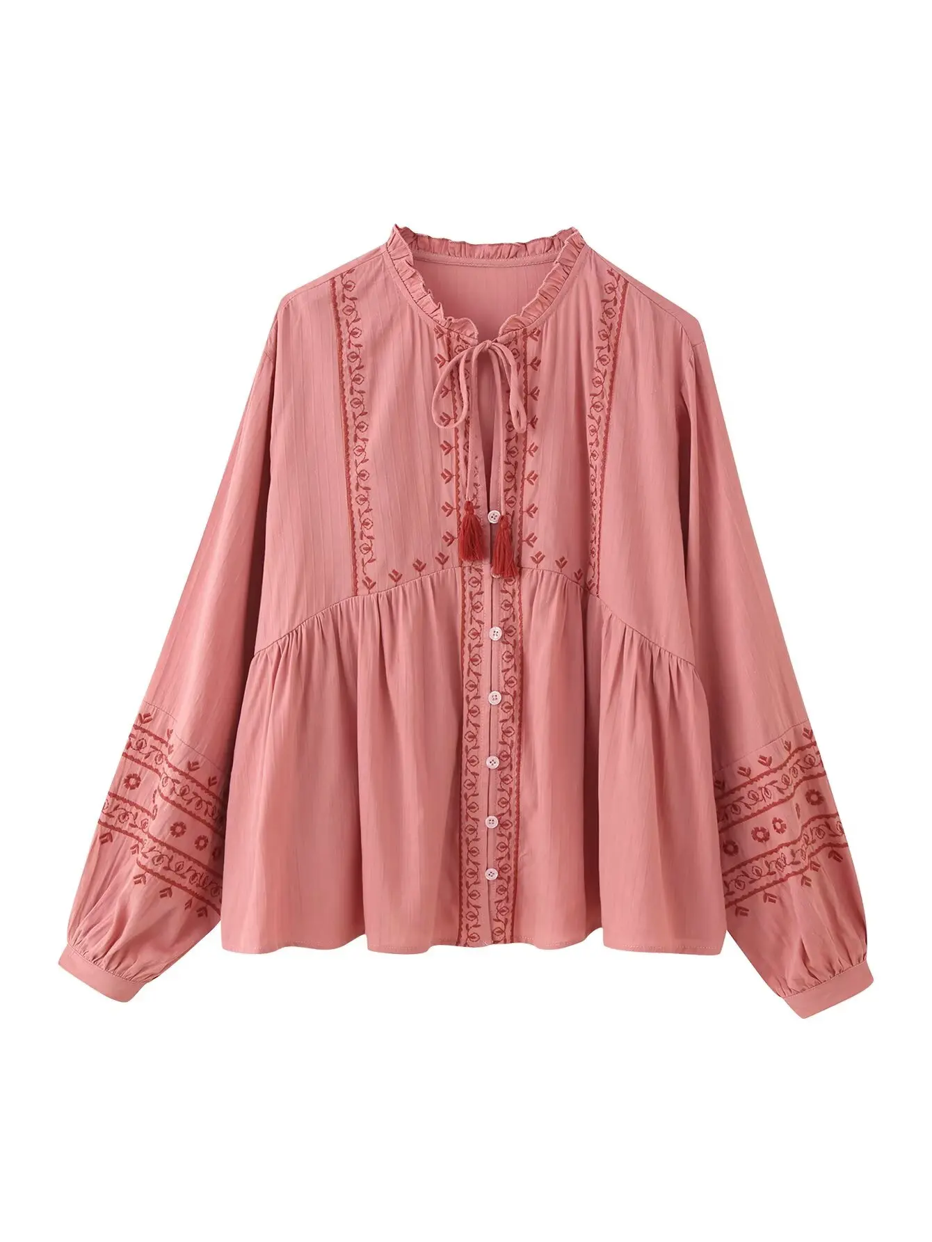 

2025 New Fall Women's Shirt Tie-Front Ruffled V-Neck Long-Sleeve Bohemian Embroidered Shirt Loose-Fit Casual Beach Top