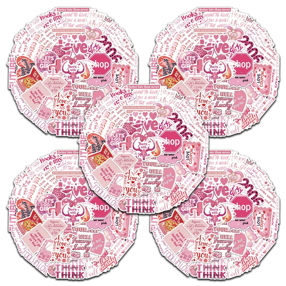 5 sets Funny Cartoon Pink Romantic Quotes Aesthetic Stickers Waterproof Graffiti For Luggage Laptop Guitar Phone Vinyl Decals
