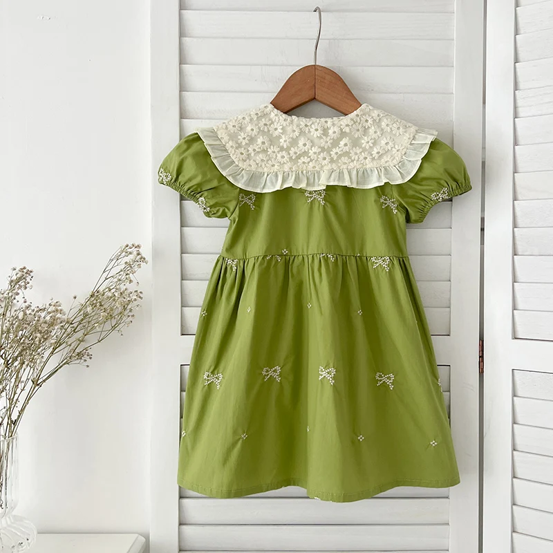 Summer Korean Baby Girl Dress 1-6Yrs Girls Green Dress Embroidery Version Children\'s Fresh Cute Princess Dress Stylish Bow Dress