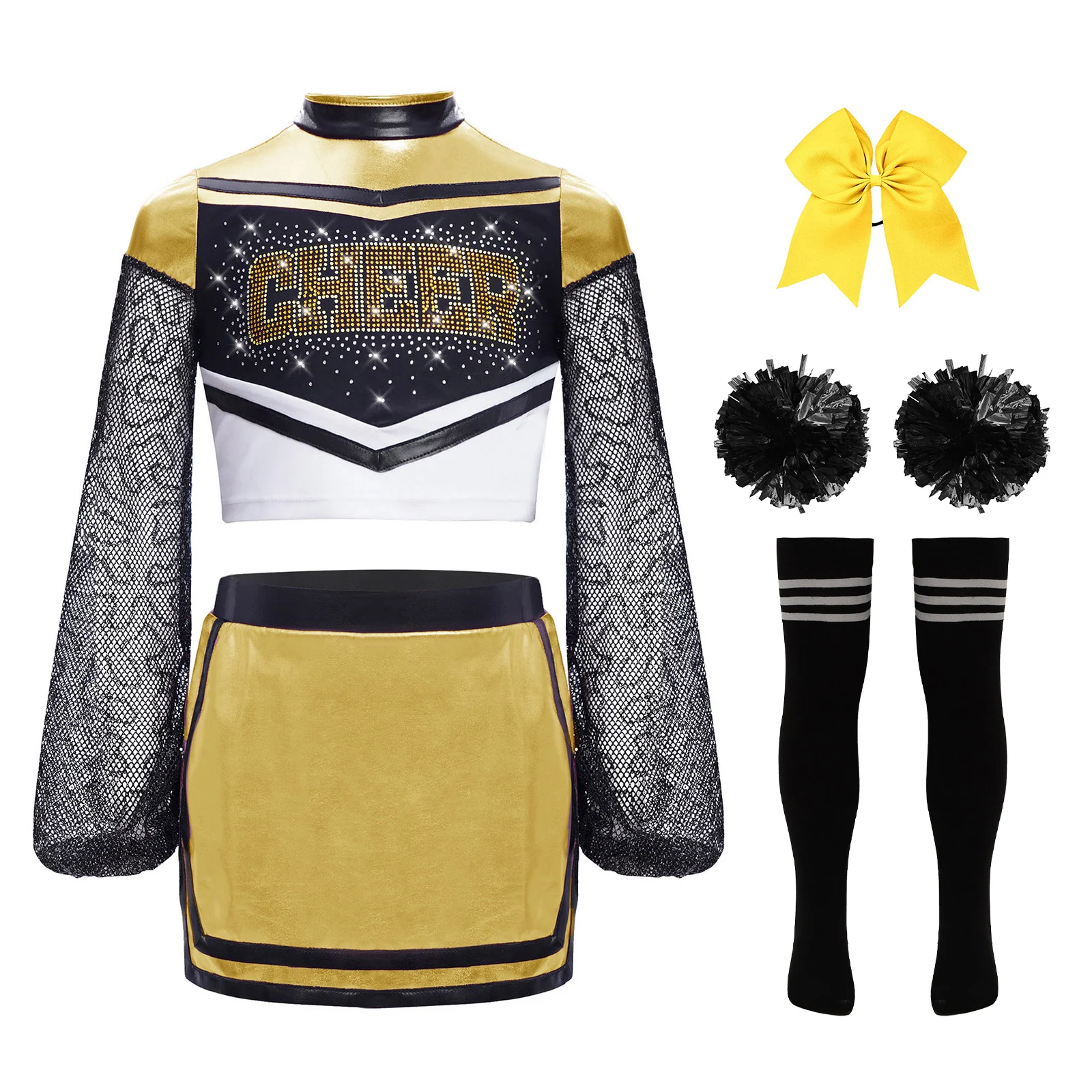 

Girls Cheerleader Costume Outfit Rhinestone Crop Top+Skirt+Accessories Set for Birthday Party Cheer Uniform School Performance