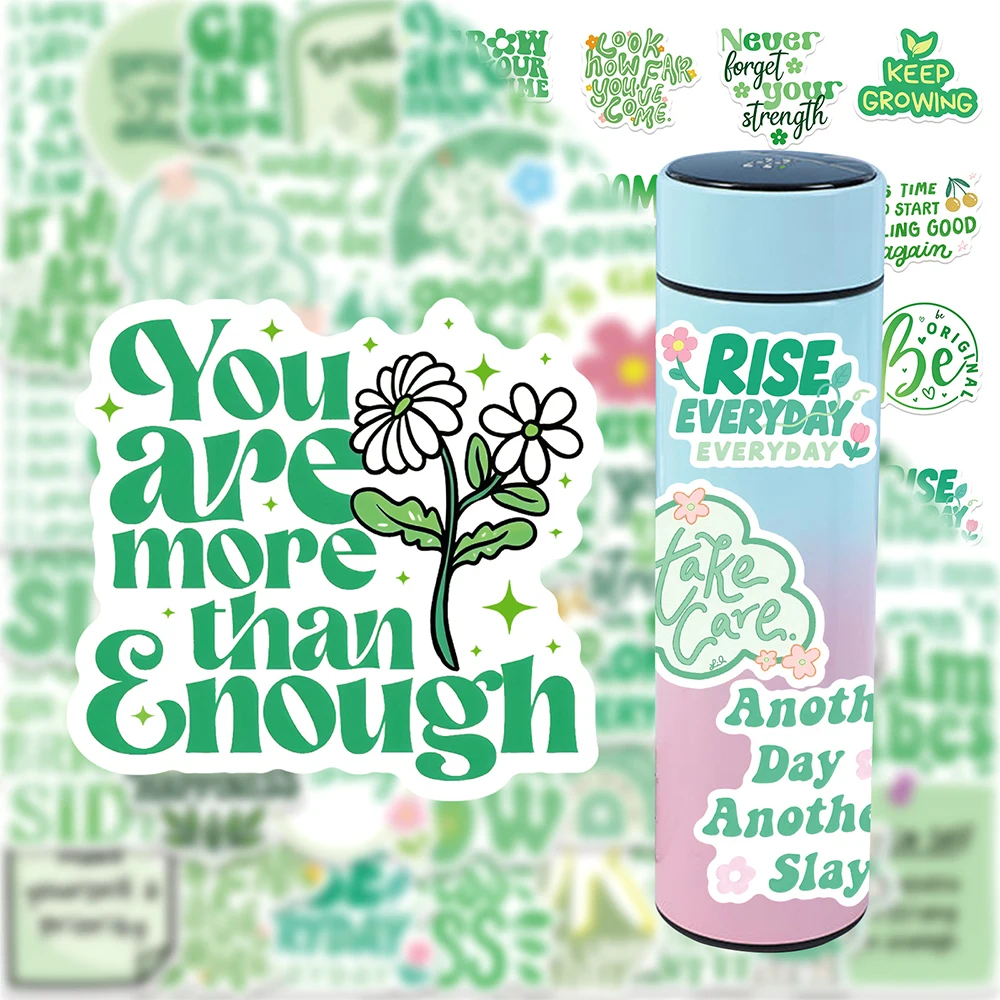 

10/30/50pcs Green Cute Inspirational Phrases Graffiti Stickers Aesthetic Kids Decals Toys DIY Luggage Laptop Phone Vinyl Sticker