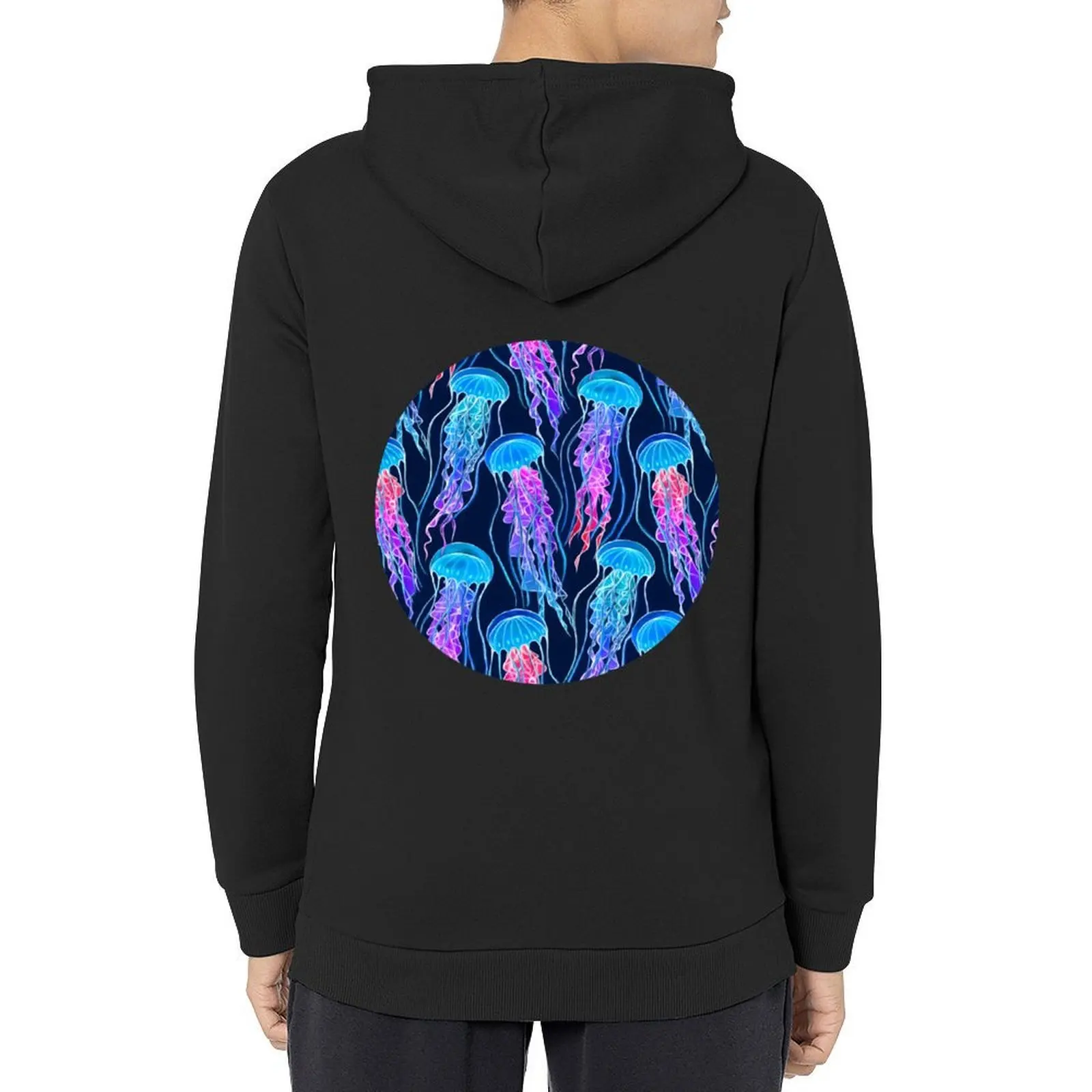 

Luminescent Rainbow Jellyfish on Navy Blue Hoodie hooded shirt clothes for men men's autumn clothes men's sweat-shirt hoodie man