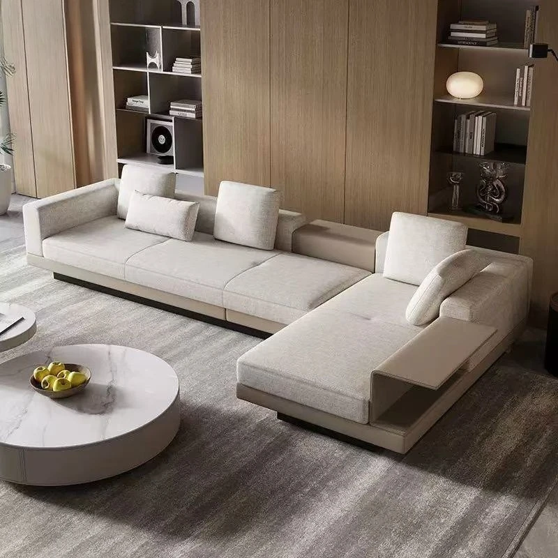 

Large flat-floor living room straight-row combination steel armrest sofa cotton and linen concubine fabric sofa light luxury