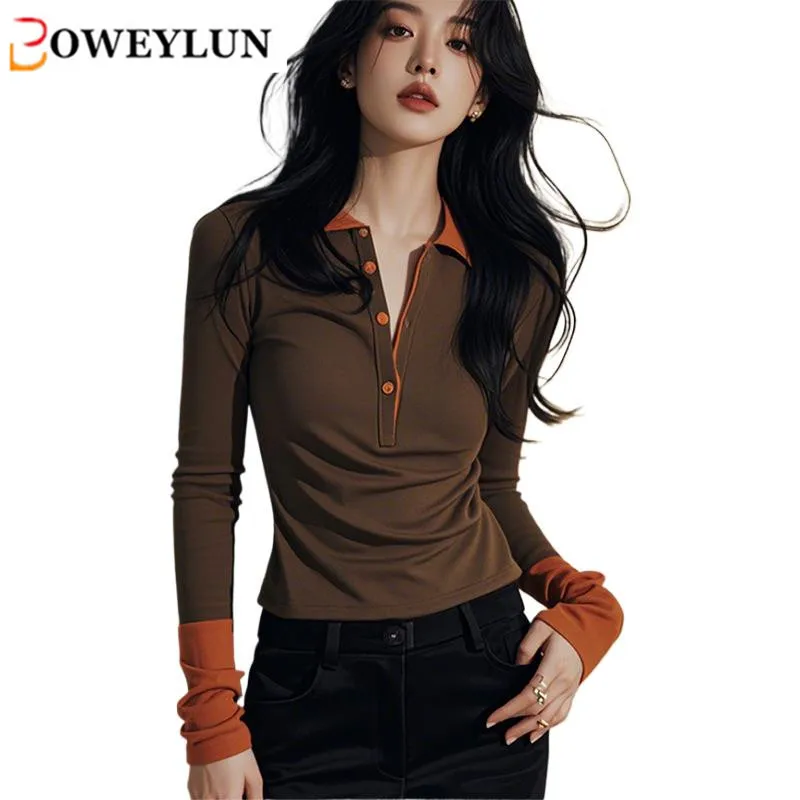 

BOWEYLU Spring and Autumn New Fashion Round Neck Long-sleeved T-shirt Female Colorful POLO Collar Bottoming Tops Girls