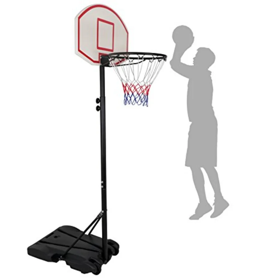 

Portable basketball hoop stand for indoor use, steel frame, black finish, height adjustable 81''-98'' with smooth-rolling caste