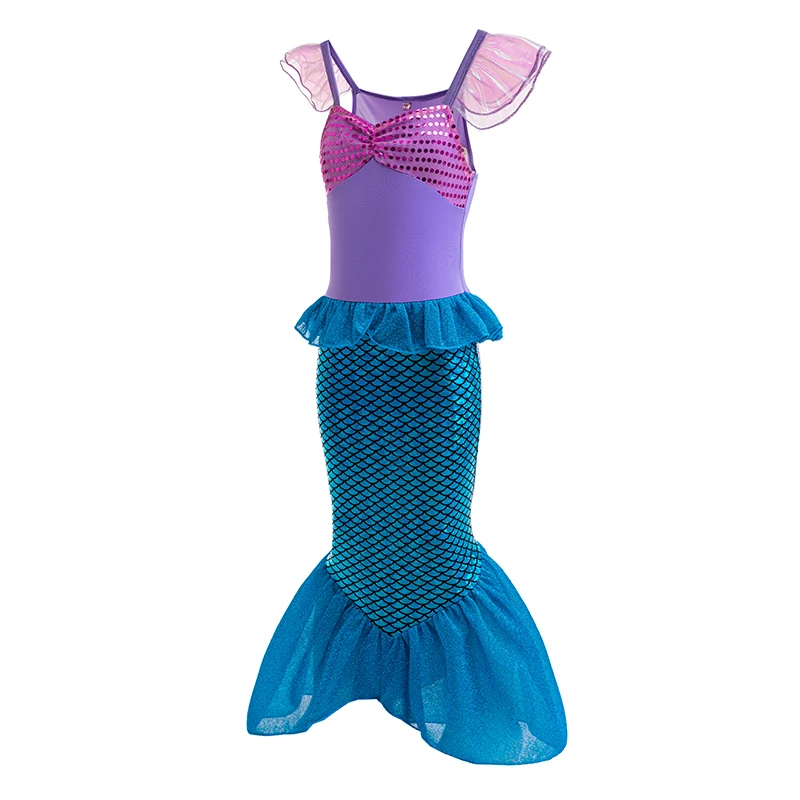 Girls Summer New Mermaid Flying Sleeves Sequin Cosplay Dress Children's Day Halloween School Party Dress for 3 4 5 6 7 8 Years