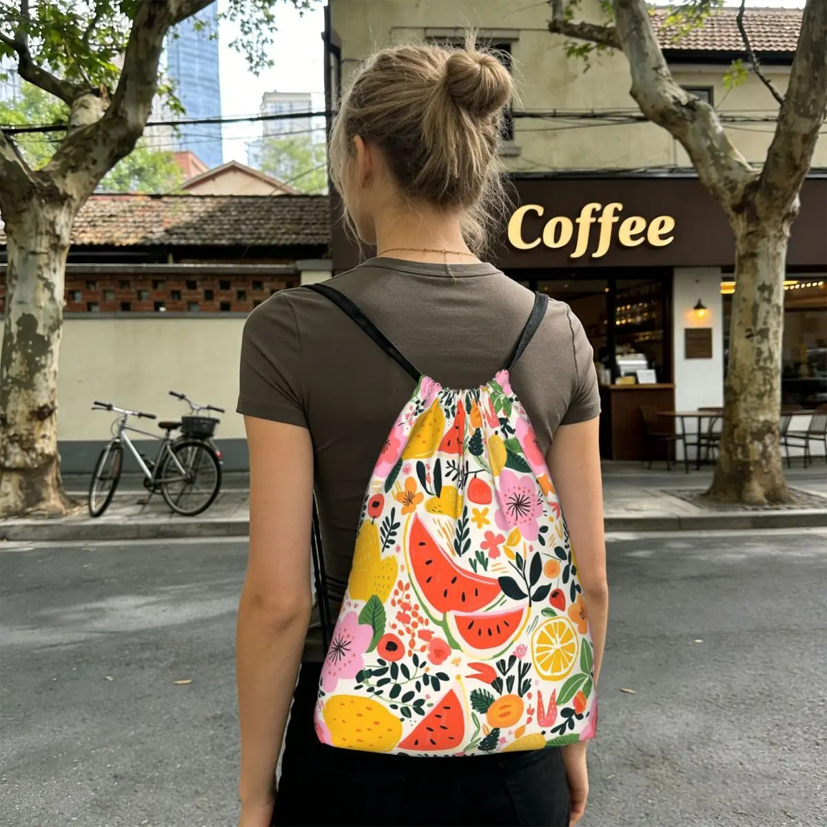 Watermelon And Lemon Pattern Backpacks Portable Drawstring Bags Sports Bag Book Bags for Travel Students