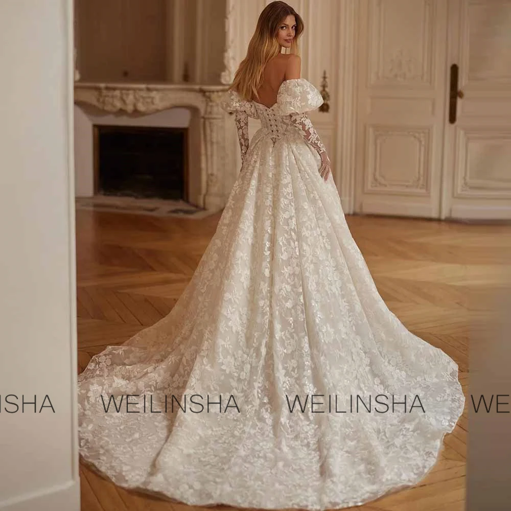 Pastrol Vestidos de invitados de boda Vestidos de fiesta de boda de una línea de encaje Vestido de novia fruncido con cordones y mangas abullonadas con hombros descubiertos de color marfil