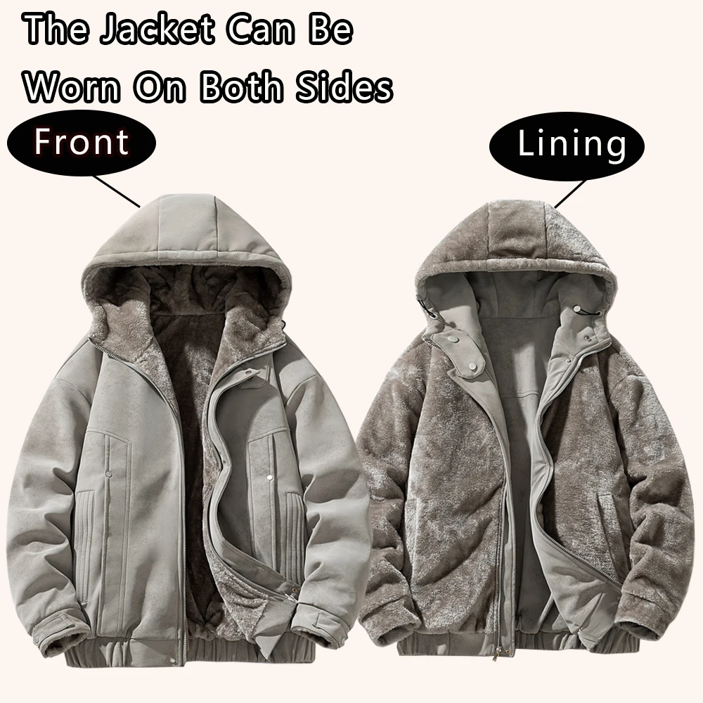 

Winter Fashion Trend Double Sided Wearable Thickened Warm Hooded Jacket Men's Casual Classic Solid Color Jackets Windproof Coat