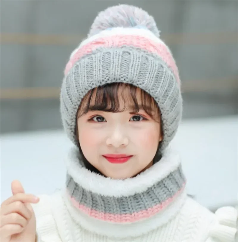 Children's Knit Beanies Hat Scarf Set Kids Girls Pom Pom Cap and Circular Scarves Stripe Patchwork Weave Soft Warm Wear 5-12T