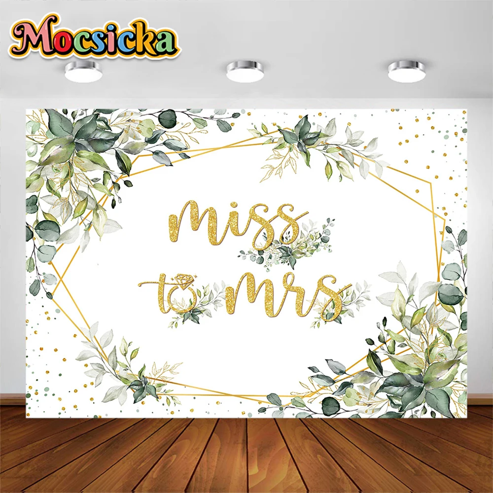 

Miss to Mrs Bridal Shower Backdrop Boho Greenery Eucalyptus Leaves Gold Dots Photography Background Cake Table Decorations