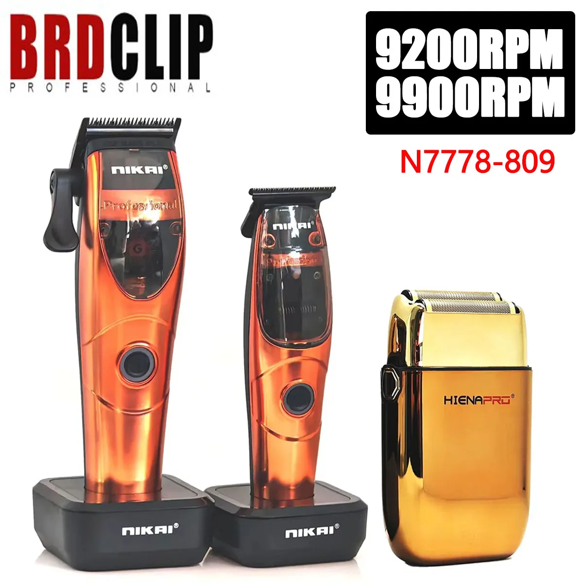 BRDCLIP N-7778+809 Gold High Speed Professional Men's Hairdresser Electric Cordless Gradient Hair Trimmer Beard Trimmer