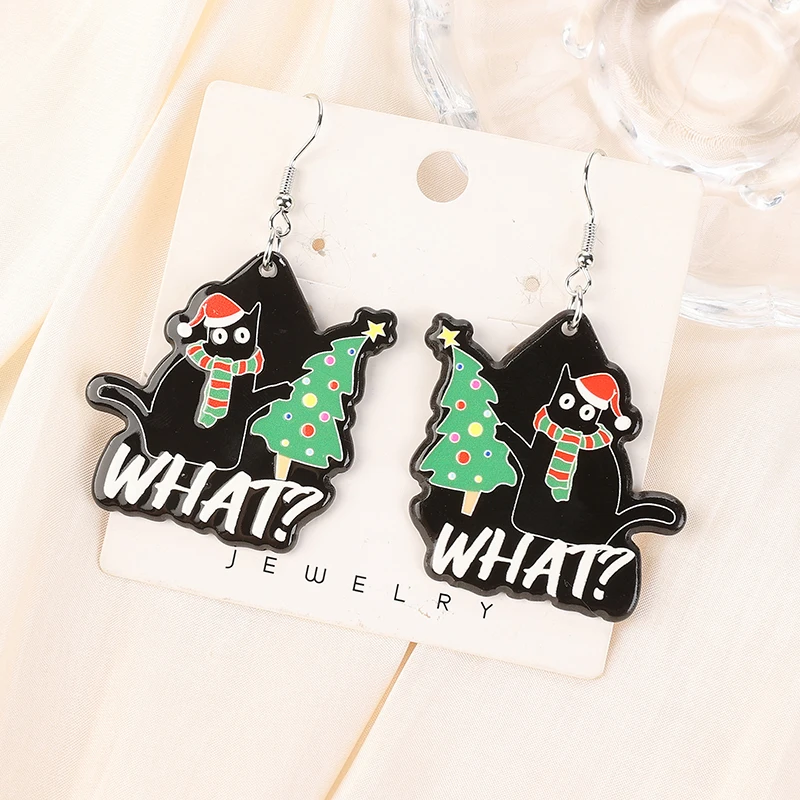 1Pair Christmas Drop Earring Acrylic Break the Arm Black Cat Fashion Jewelry For Woman Girl Holiday Birthday Gift