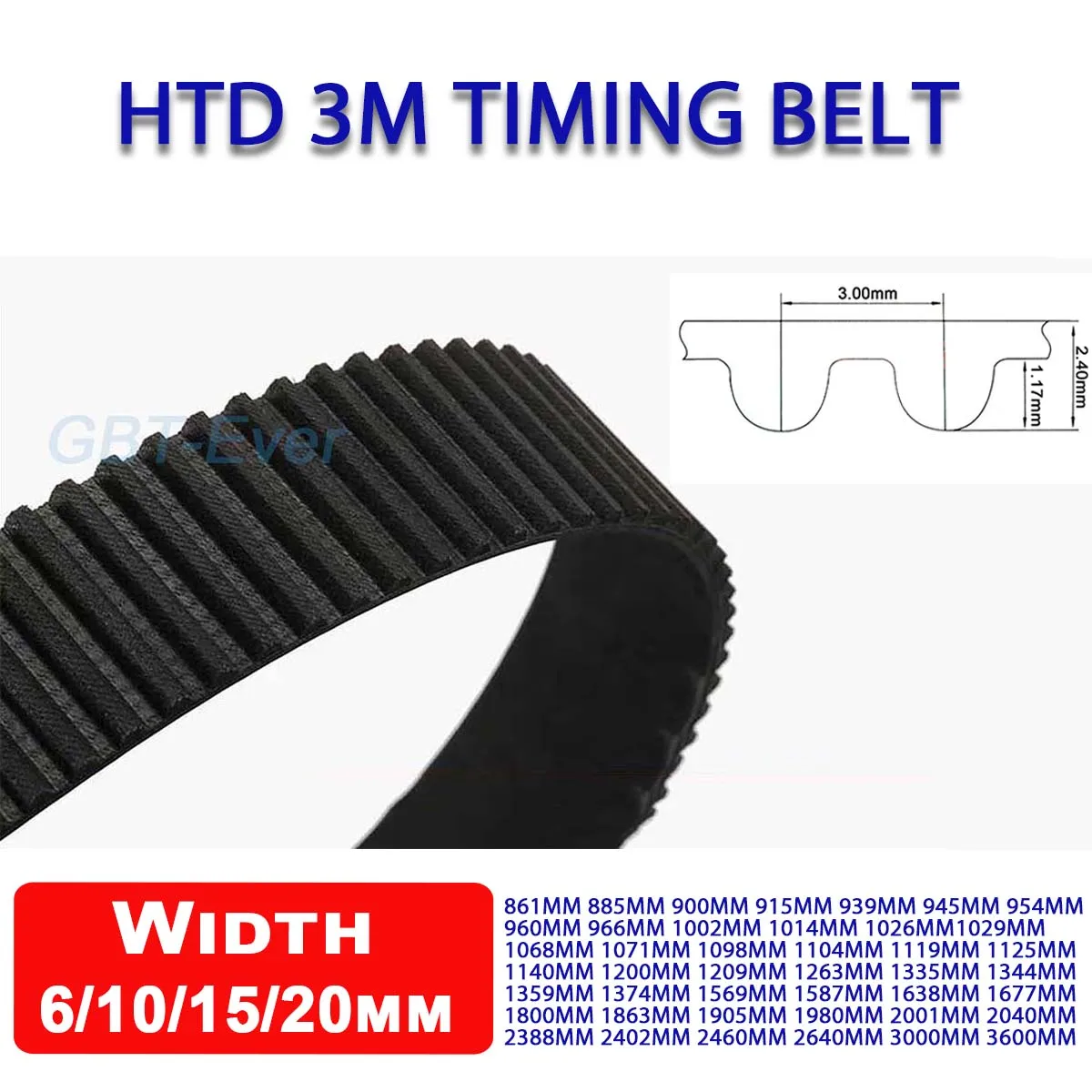 1Pcs Width 6/10/15/20mm HTD 3M Rubber Arc Tooth Timing Belt Pitch Length 861/885/900/915/939/945 ~3600mm Closed Synchronous Belt