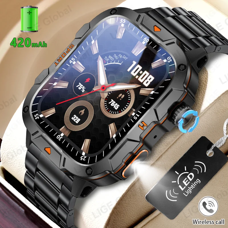 

LIGE 2026 Rugged Military Smart Watch Men LED Flashlight Outdoor Sports IP68 Waterproof 1.96" Al Voice Bluetooth Call Smartwatch