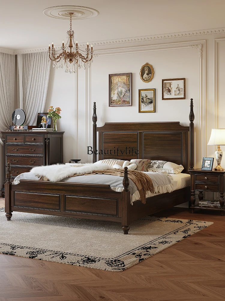 

American-style Solid Wood Bed Black Walnut Wood Vintage Country Master Bedroom Large Bed
