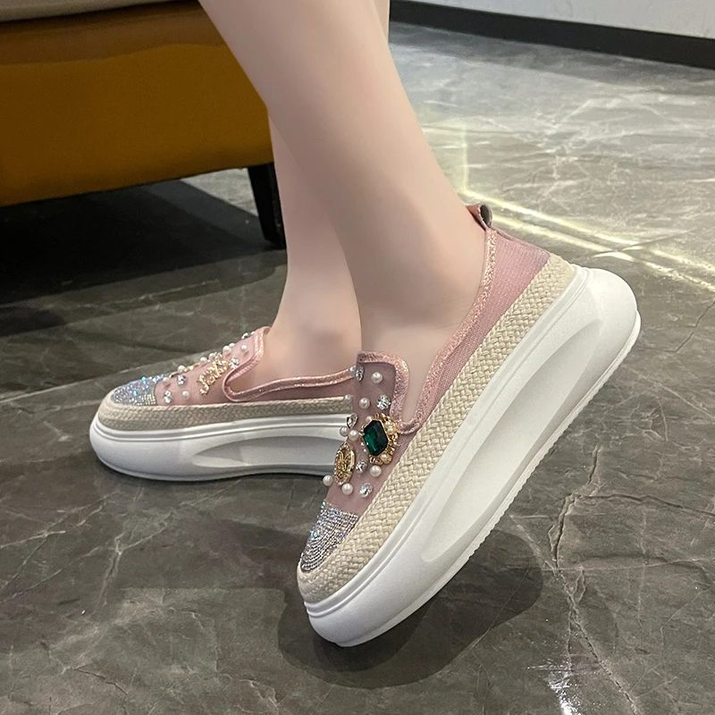 Luxury rhinestone flat shoes with hollowed out single shoes women's summer breathable mesh casual shoes thick soled loafers