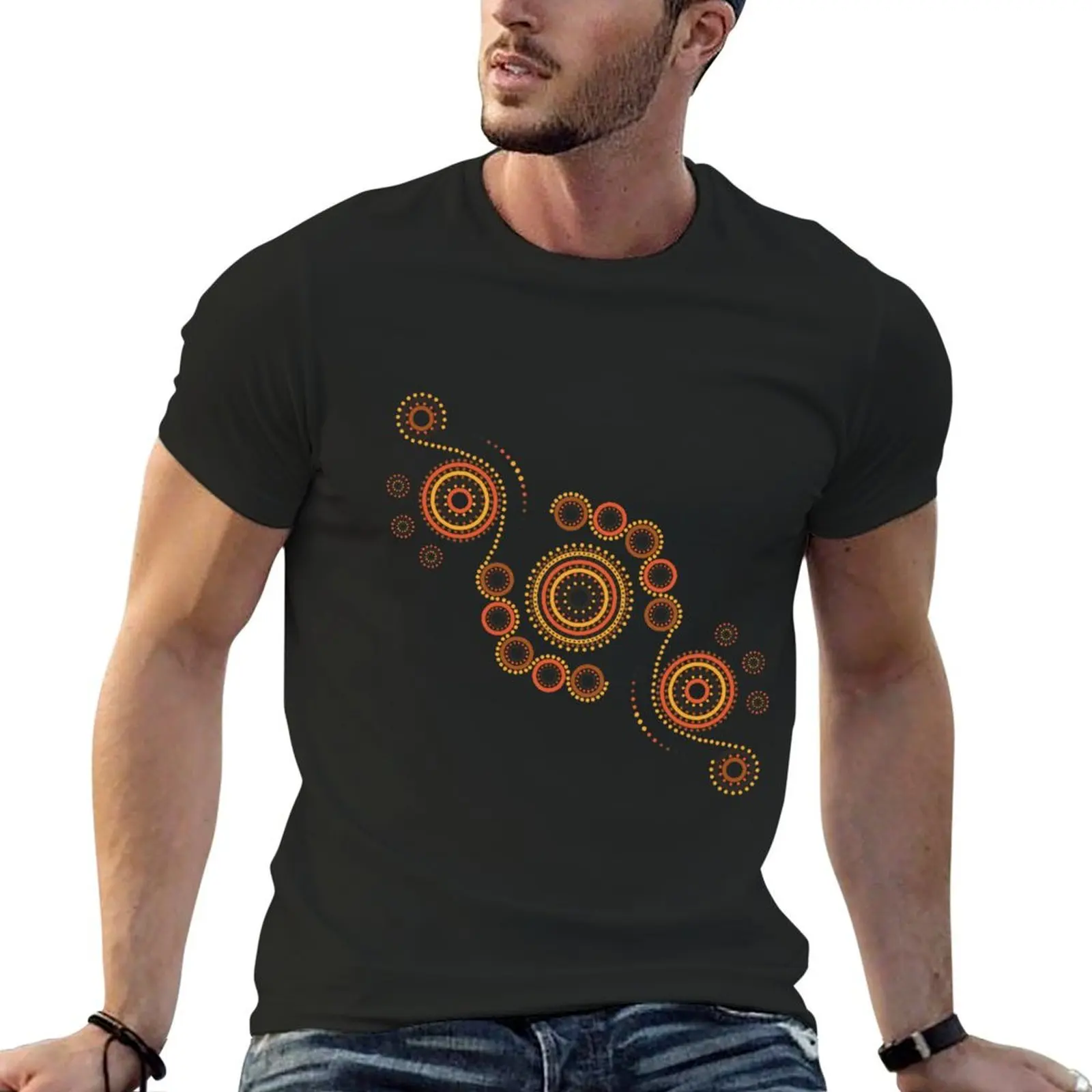 

Aboriginal Art Aborigine Australian Indigenous Land Mosaic Aboriginal Aboriginal Flag Bigambul Points Circle Autumn Day T-Shirt