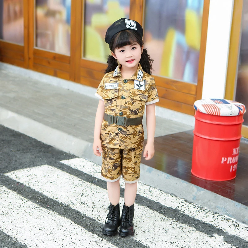 เกาหลี Camouflage ชุดสําหรับเด็กสาวฤดูร้อนกลางแจ้งชุดสําหรับฤดูร้อนยุทธวิธีสั้นแขนยาว