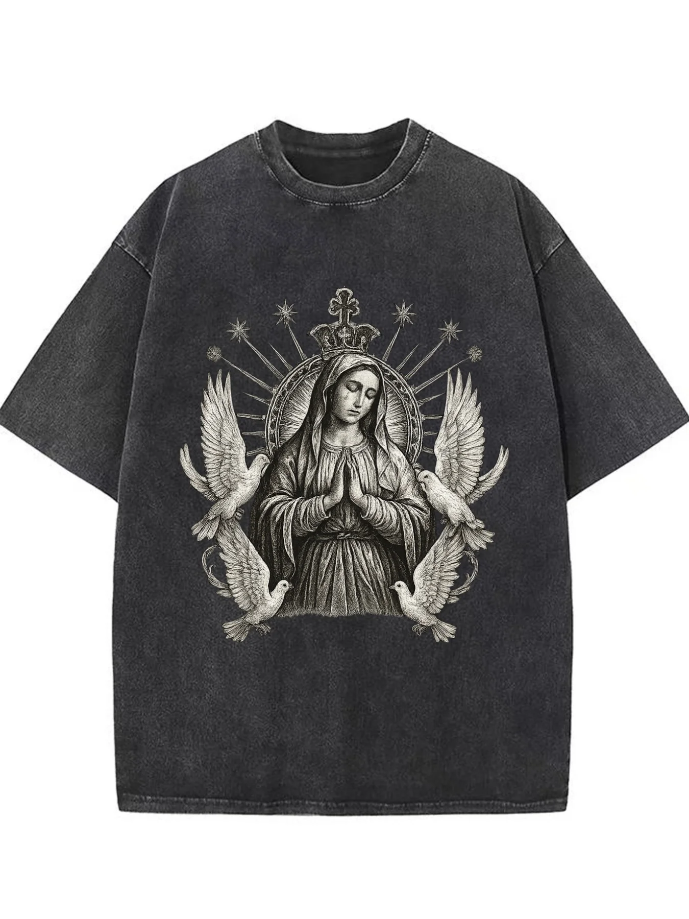 Men's 230g Vintage Distressed T-Shirt with a Guadalupe Virgin Print - Soft, Breathable, Loose-Fitting Crew Neck Short-Sleeve Shirt, Suitable for Everyday Casual Wear and Christmas Outfits, Suitable for All Seasons