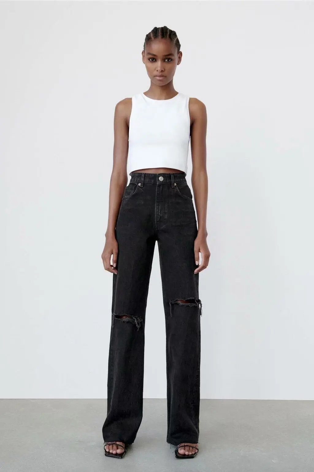

High Waist Wide Leg Jeans Spring Loose Slimming Hole Decoration Denim Pants Deep Blue Straight Cut Long Trousers for Women