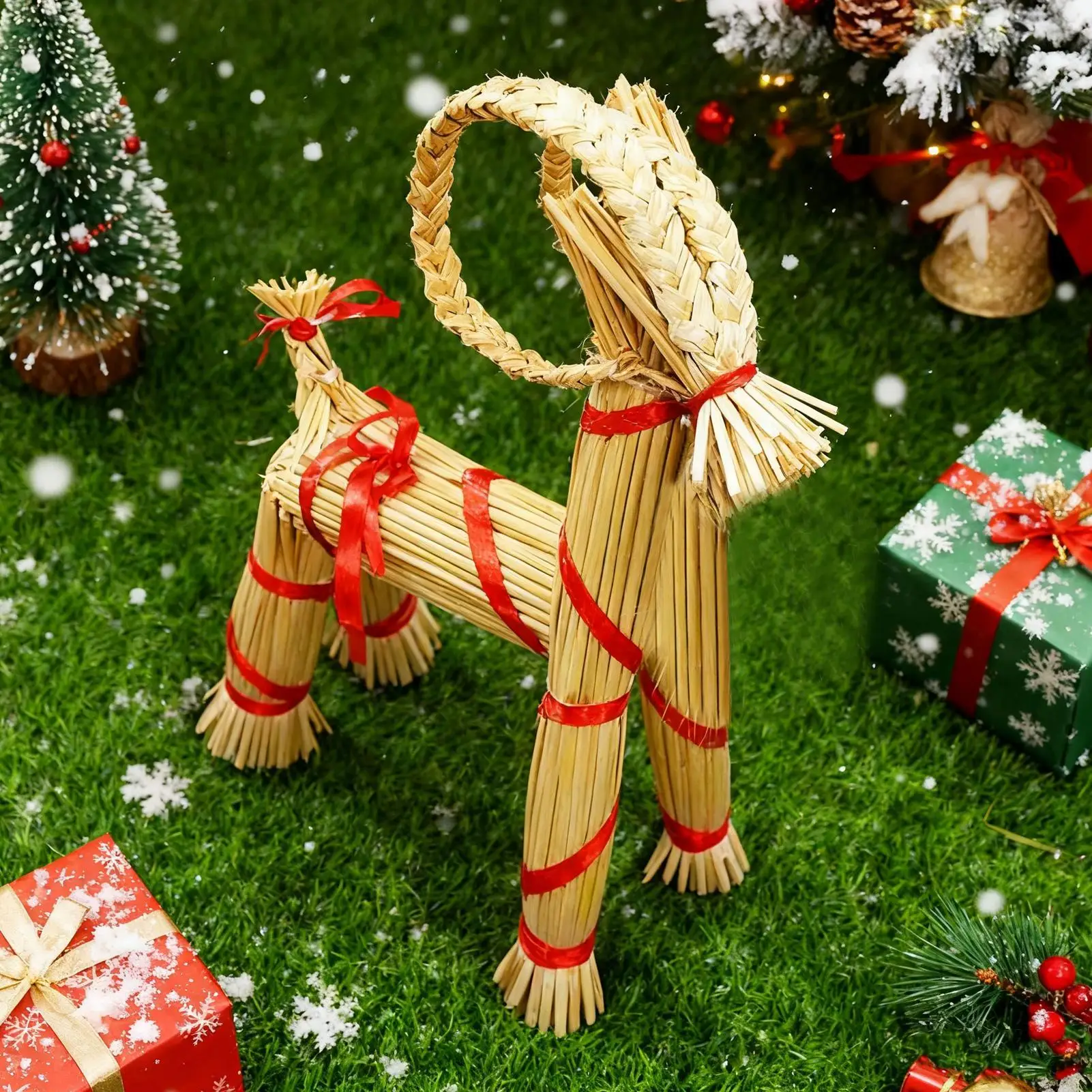 Skandinavische Weihnachts-Strohziege, weihnachtliche dekorative Ornamente, Strohziege, schwedische Traditionsdekoration für das Wohnen im Innen- und Außenbereich