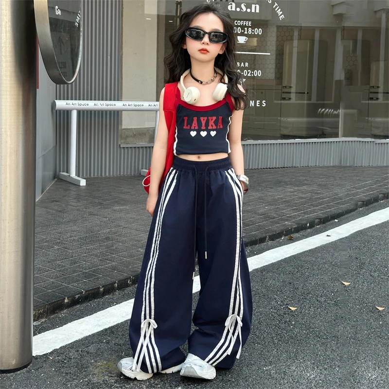 Girls' Summer Sportswear Set Letter Contrast Color Vest T-shirt; High Waist Casual Side Striped Sweatpants Children's Tracksuit