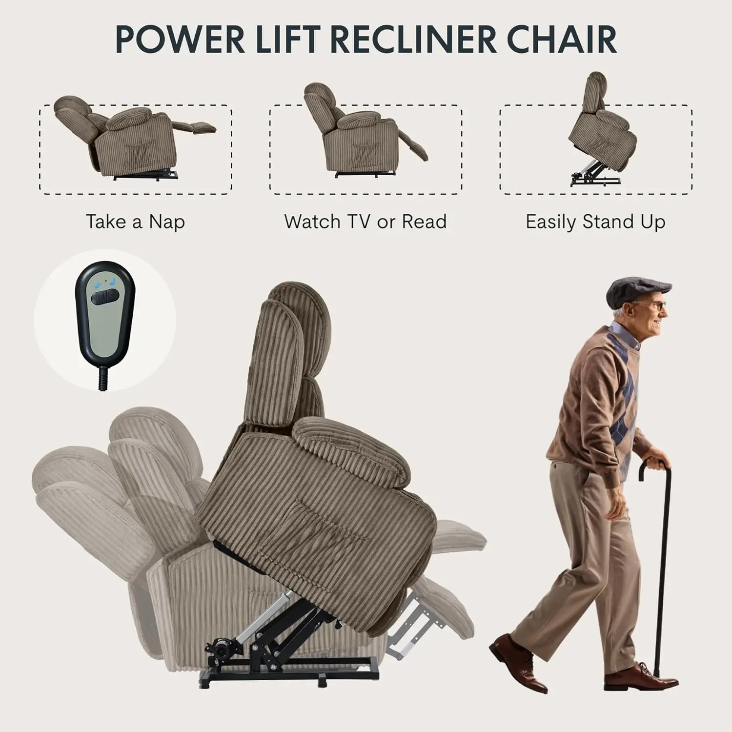 XL31 Power Lift Recliner Chair for Elderly with Massage and Heat Electric Lift Reclining Chair w/Cup Holders Side Pockets