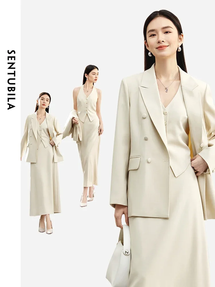 

SENTUBILA 3 Piece Blazer Skirt Suit Women Work Office Outfit 2024 Autumn Elegant Waistcoat Maxi Skirt Matching Set 141Z52979