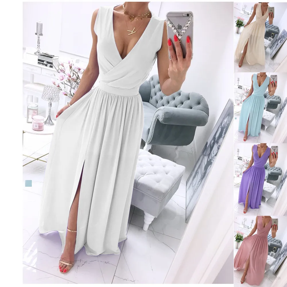 Summer New Sleeveless Solid Color V-neck Dress Women Pullover Polyester High Waist Dress