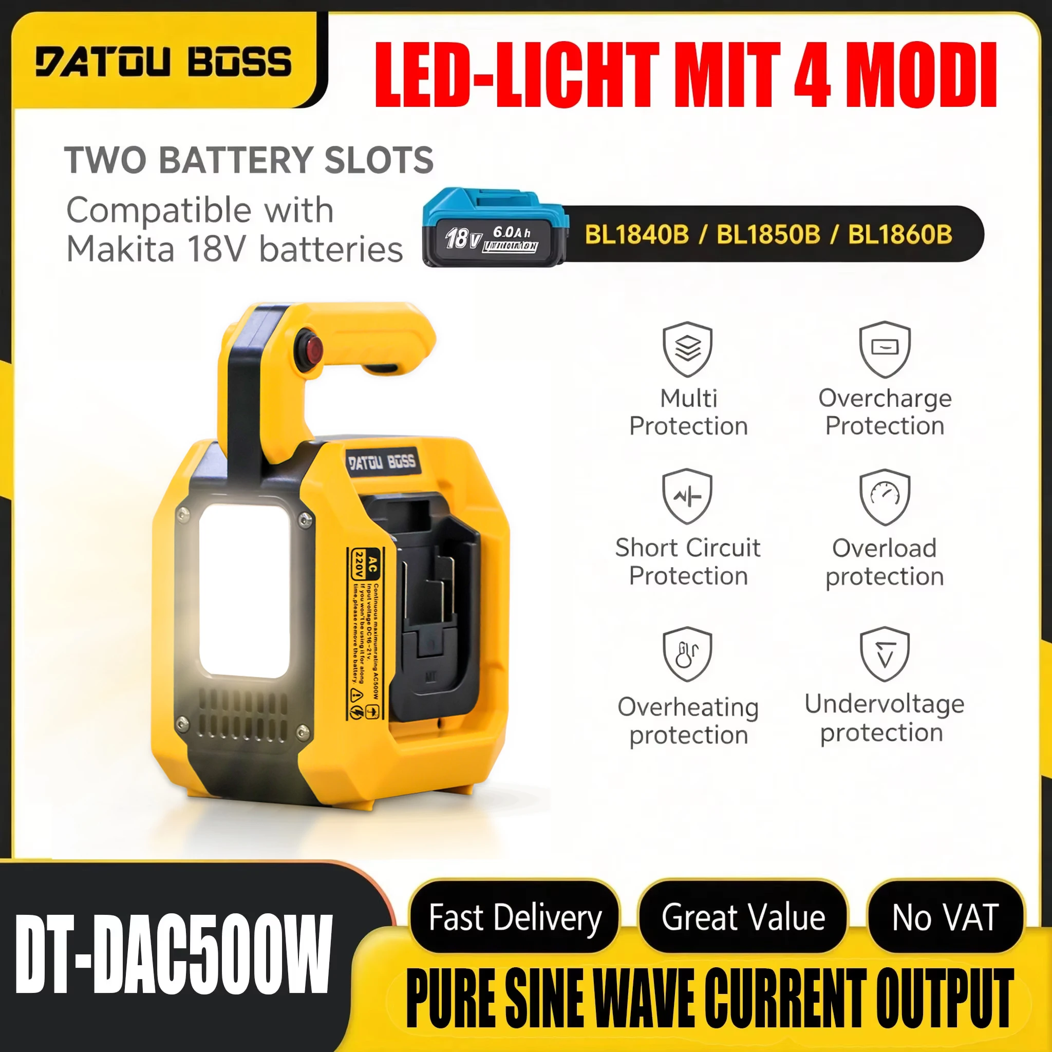 DATOUBOSS 500W Reiner Sinus-Wechselrichter 18V Batterie 220V AC-Ausgang Typ-C PD Schnellladung Tragbare Powerstation mit 1 USB-A & 2 USB-C Anschlüssen 500 LM LED-Licht für Notfälle