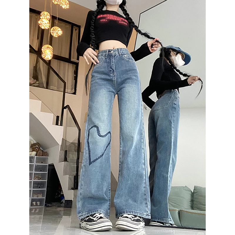 

WCFCX STUDIO Love Heart Print Baggy Jeans Women Korean Chic Vintage High Waist Slim Wide Leg Washed Jeans Fashion