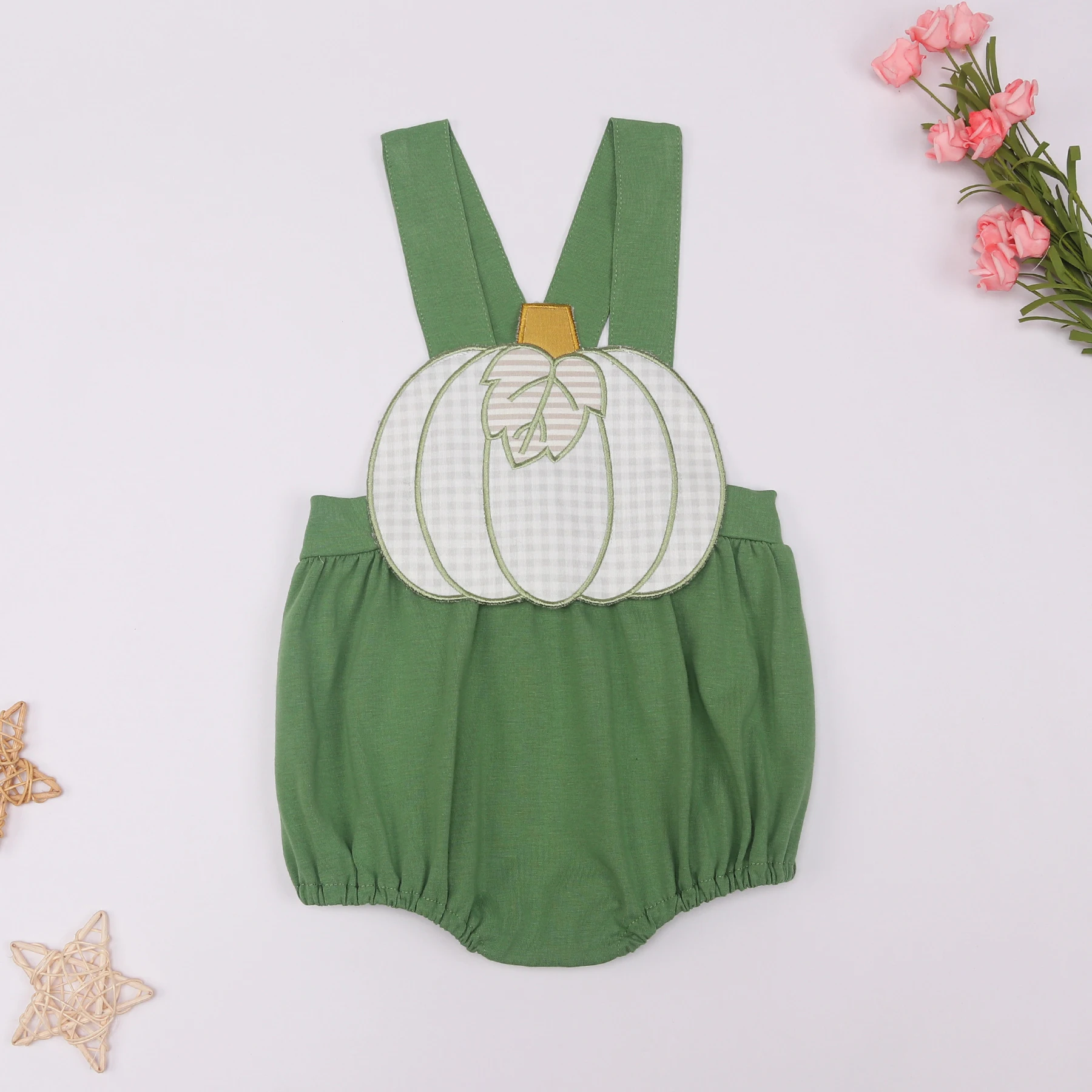 

Summer Baby Boy Clothe Style Green Bubble Cotton Sleeveless Design Boutique Sweet Ropmer With Pumpkin Applique Children 0-3m