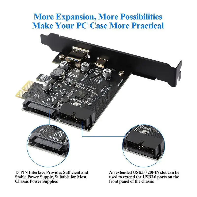 AY14 -PCI-E 1X To USB 3.2 Gen1 USB3.2 Type-C Front Adapter Card 2 Ports (Type C+ Type A) Expansion Card Plastic Expansion Card